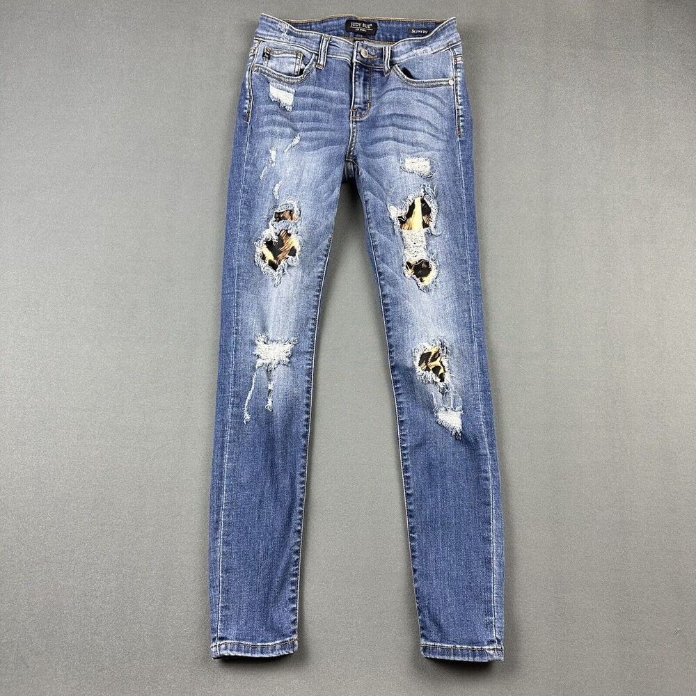 Judy Blue Jeans Womens 3 26 Medium Wash Animal Print Patch Skinny Fit Distressed